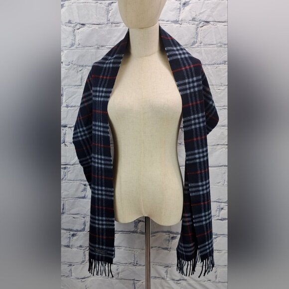 Burberry Vintage Scarf Nova Check Lambswool England Navy 90s Y2K 70" x 12.5" - Picture 5 of 13